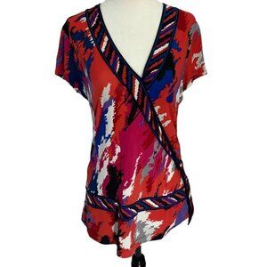 BCBGMAXAZRIA Colourful Faux Wrap Short Sleeve Top Size M